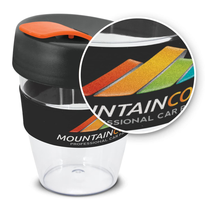 A drink bottle featuring a clear body, black lid, and vibrant orange highlight, with a logo on the sleeve.