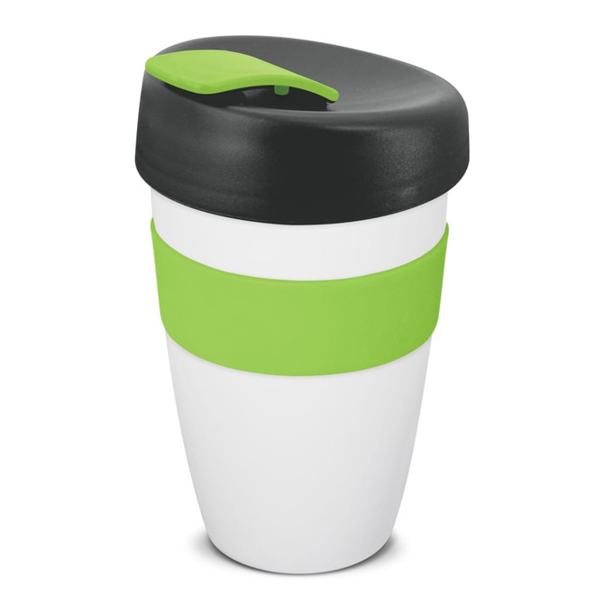 A drink bottle featuring a white body, green band, and black lid. It has a logo on the surface.
