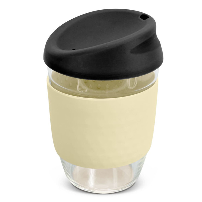A drink bottle featuring a clear borosilicate body, beige silicone sleeve, and a black lid. It includes branding.