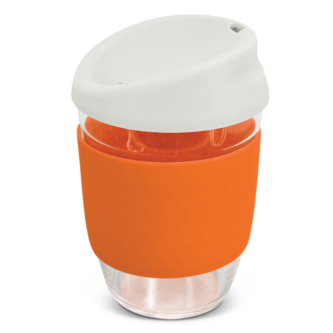 A drink bottle featuring a transparent borosilicate body with an orange silicone sleeve and a white lid.