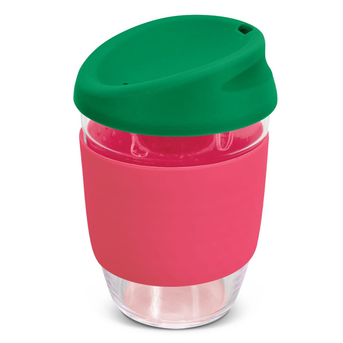 A drink bottle with a clear body, pink silicone sleeve, and a green lid, designed as a reusable coffee cup.