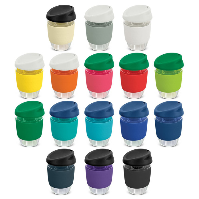 A drink bottle collection featuring various colours, including grey, white, yellow, orange, green, and blue, all with lids.