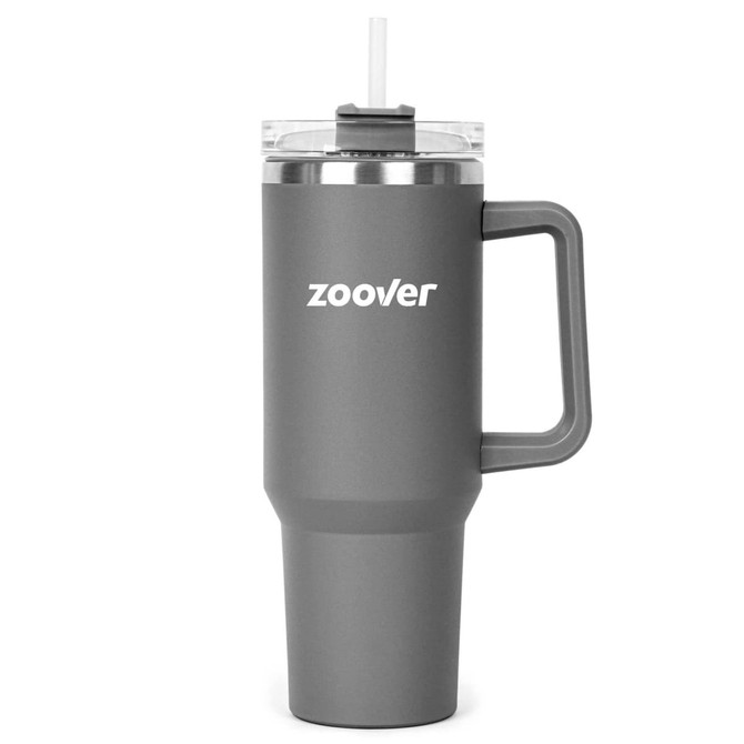 A drink bottle in matte grey with a clear lid, straw, and a sturdy handle. It features a logo on the front.