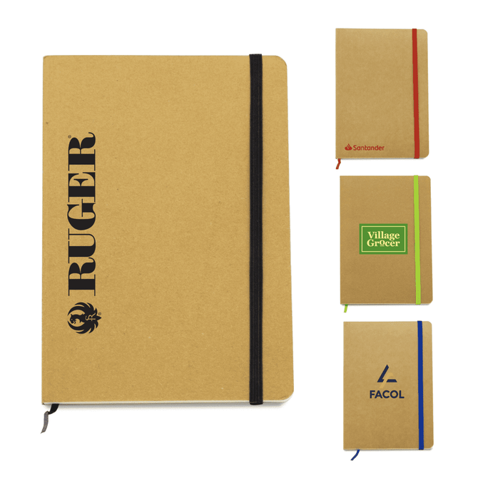 A collection of four notebooks in various colours with elastic bands and branding on the covers.