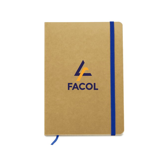 A tan notebook with a blue elastic band and a logo on the cover. Suitable for office and business use.