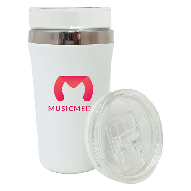 A drink bottle in white featuring a clear lid and a logo. Ideal for various beverages.