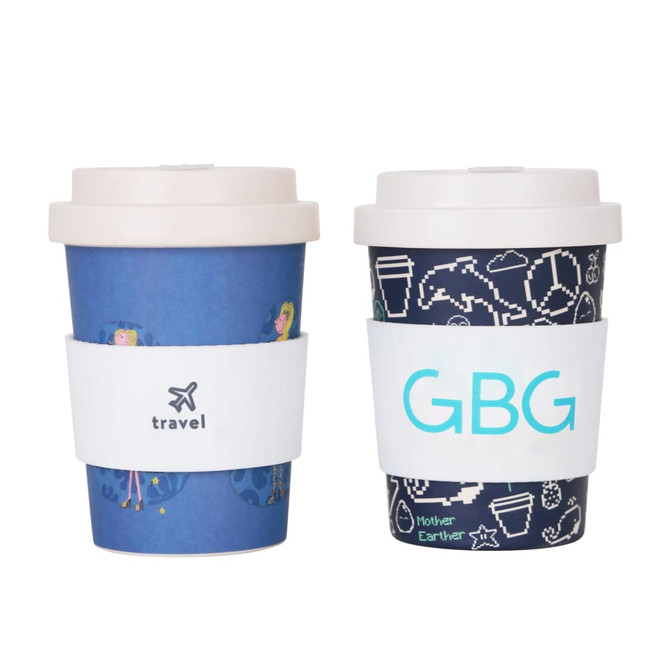 A reusable bamboo coffee cup set in blue and dark navy, featuring assorted designs and screw lids. Includes branding.