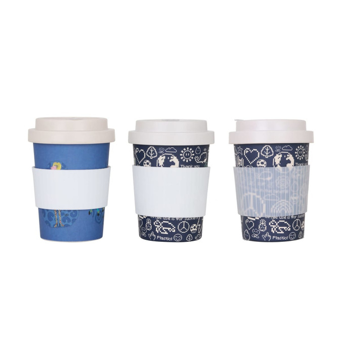 A drink bottle featuring three reusable bamboo coffee cups in blue and navy designs, each with a screw lid and protective sleeve.