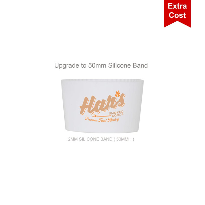 A drink container featuring a white silicone band, with branding and a smooth exterior.