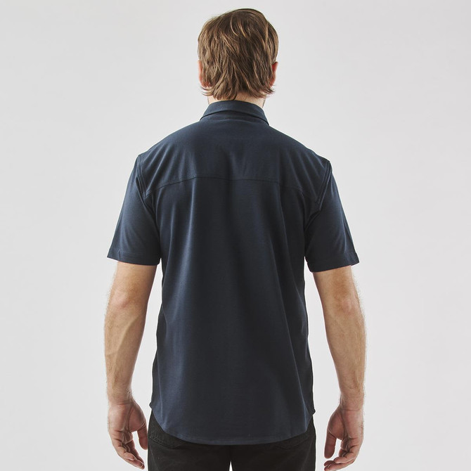 A Men's Sonora short sleeve knit shirt in navy, featuring a plain back design and a collar.