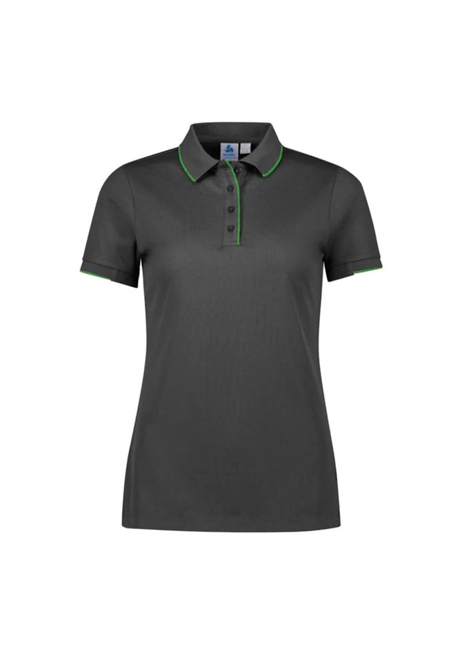 A womens short sleeve polo shirt in dark grey with green accents. It features a collar and buttons, plus a logo.