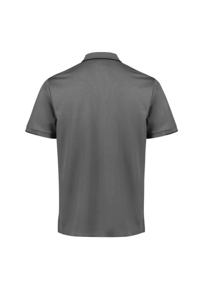 A grey short sleeve polo shirt with a collar and a logo on the back. Suitable for casual wear.