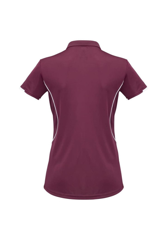 A maroon women's short sleeve polo shirt with white detailing and a logo on the side.