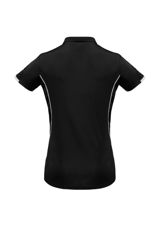 A women's short sleeve polo shirt in black with contrasting detailing and a logo.