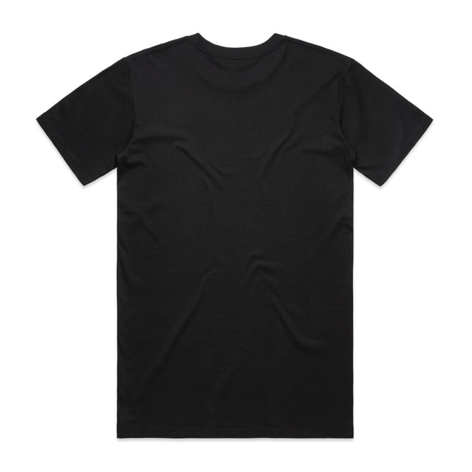 A black T-shirt featuring short sleeves and a plain back. The shirt has a logo on the label.