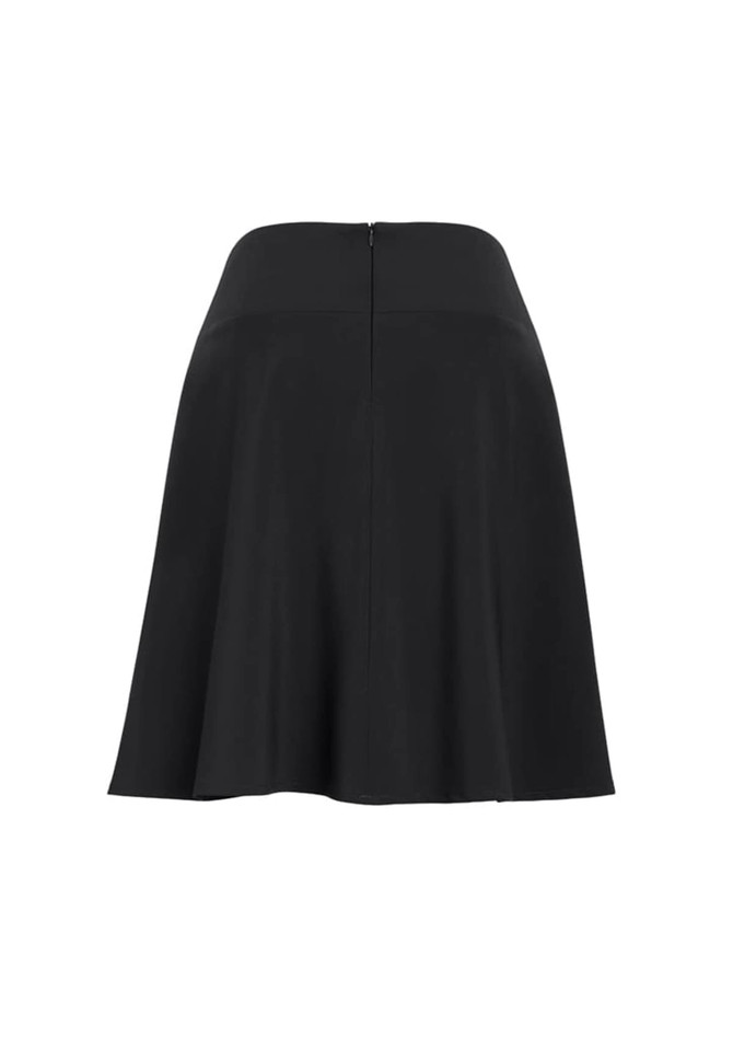 A black flared skirt with a bandless design and a back zipper, featuring a simple, elegant silhouette.