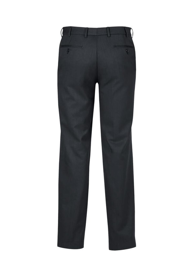 Dark grey men's adjustable waist pants with a tailored fit and back pockets. Features a logo.