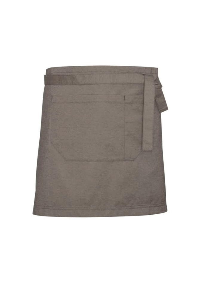 A khaki Urban Waist Apron featuring a pocket and a tied waist. The design is simple and functional, with a branding logo.