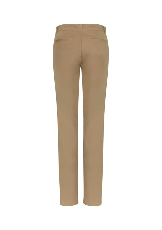 A pair of women's chino pants in a light tan colour, featuring a slim fit and pocket details, with a logo present.