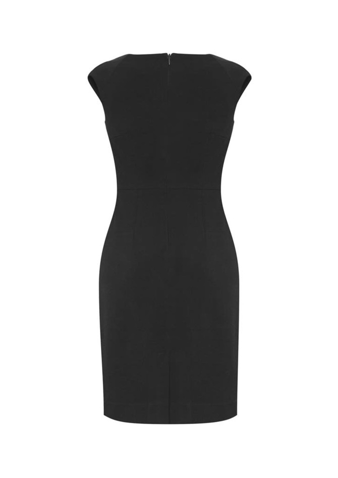 A fitted black dress with cap sleeves and a zip closure at the back. It has a sleek silhouette.