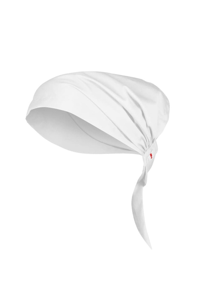 A white chef bandana with a tied design, featuring a logo on the side.