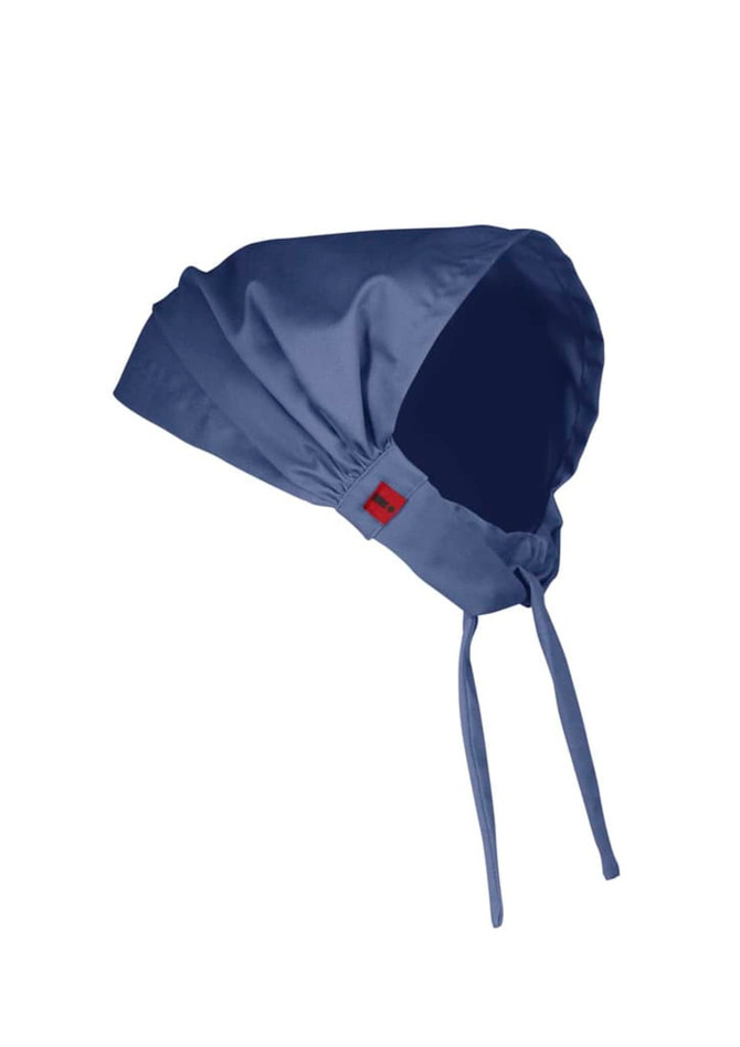 A blue chef bandana with ties, featuring a logo on the side. It has a stylish, modern design.