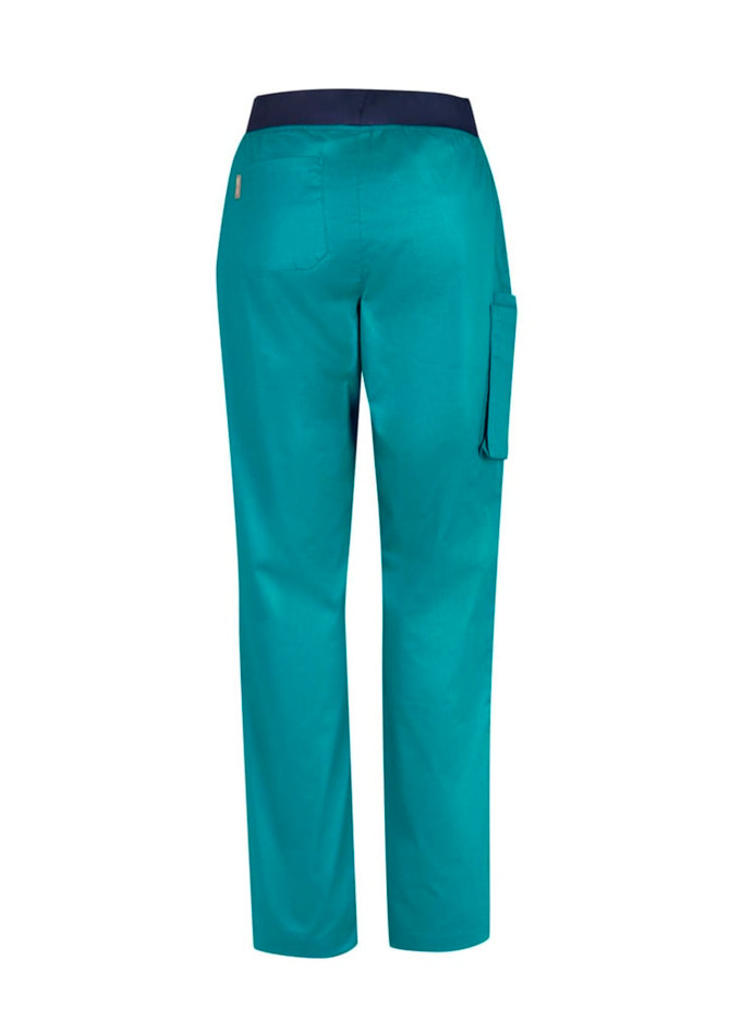 A pair of teal women's straight leg scrub pants featuring a back pocket and a navy waistband.