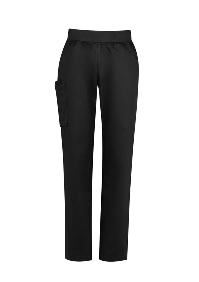 Black women's Riley straight leg scrub pants featuring a side pocket and an elastic waistband.
