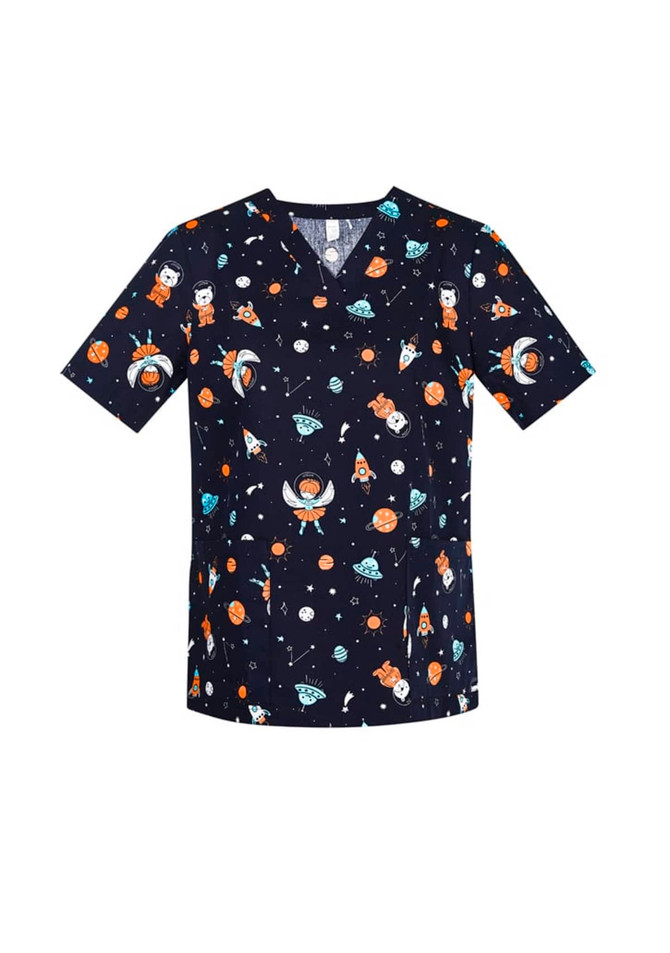 A navy scrub top featuring a space-themed print with planets, rockets, and astronauts. Includes branding.