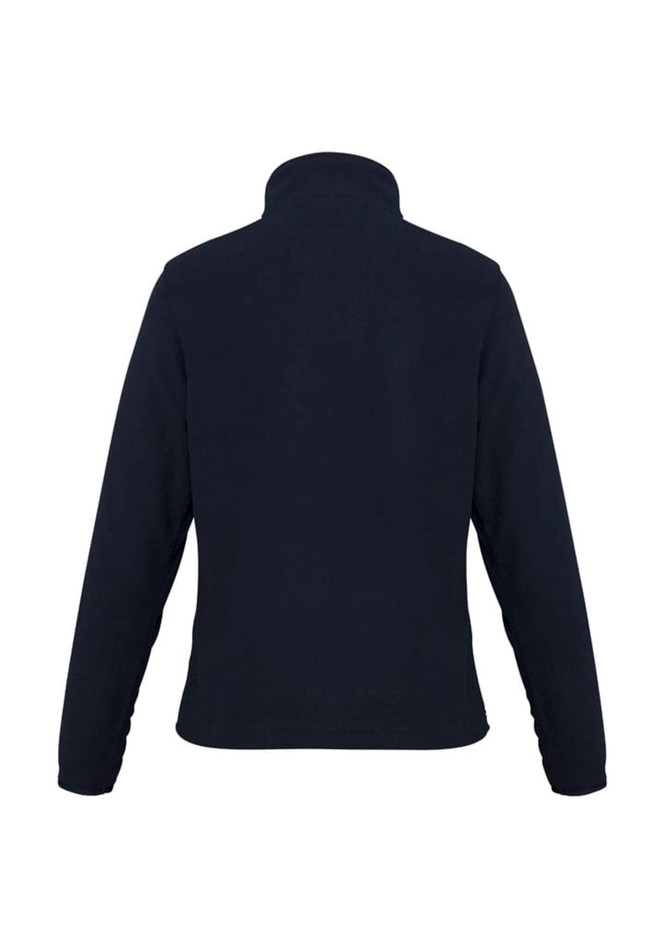 A dark navy women's fleece jacket featuring a high collar, showing the back view and smooth fabric texture.