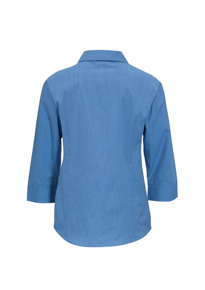 A women's blue micro check 3/4 sleeve button-up shirt, featuring a collar and a logo.