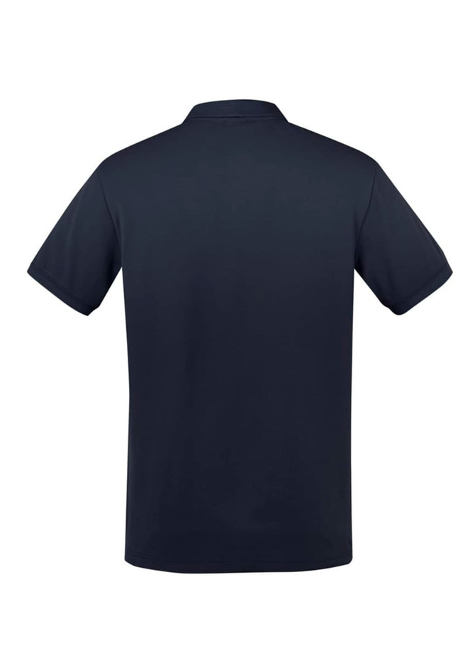 A dark navy men's short sleeve polo shirt with a classic collar and a logo on the side.