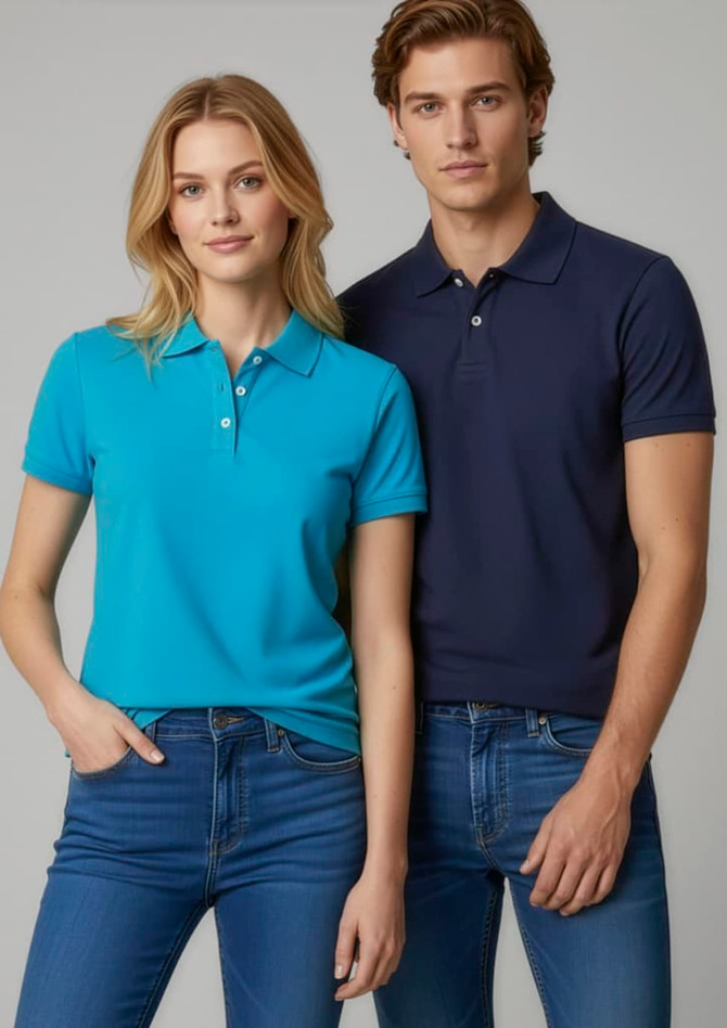 A women's polo shirt in bright turquoise, featuring a collar and a logo, paired with a navy polo shirt for men.