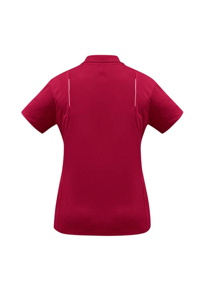 A women's short sleeve polo in burgundy, featuring a back design and a logo. Ideal for casual wear.
