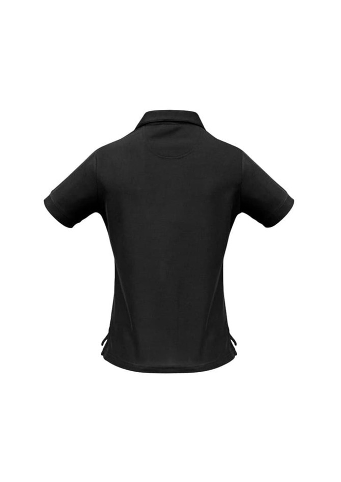 A black women's micro waffle short sleeve polo shirt with a collar, featuring a logo on the back.