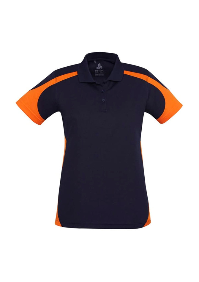 A short sleeve polo shirt in navy blue with orange accents. Features a logo on the chest area.