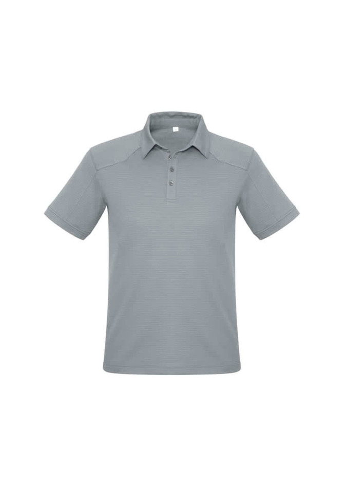 A light grey men's short sleeve polo shirt with a collar and three-button placket, featuring a logo.