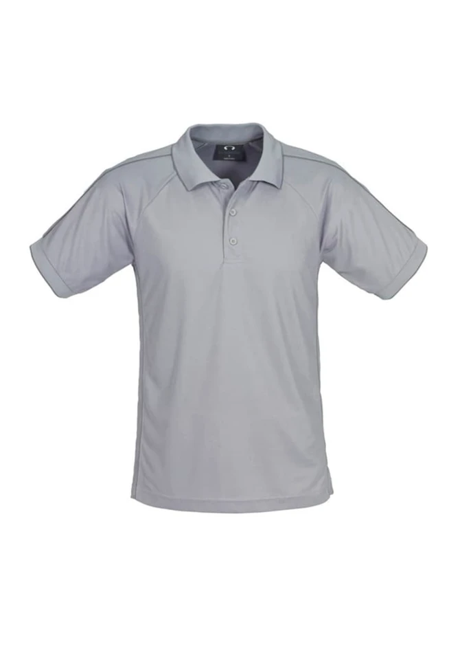 A grey men's short sleeve polo shirt with a collar and a logo on the upper left side.