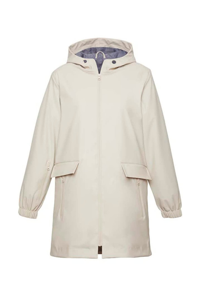 A women's cream overcoat with a hood, featuring zippered pockets and elasticised cuffs. It has a simple design and a branded tag.