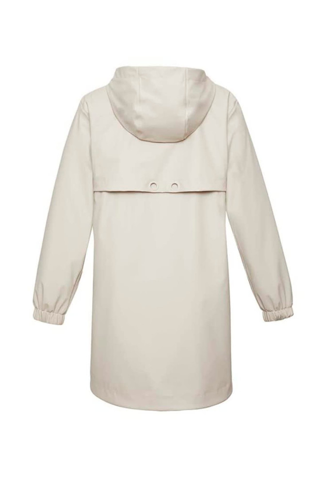 A light beige women's overcoat with a hood and elastic cuffs, featuring a back vent and a logo.