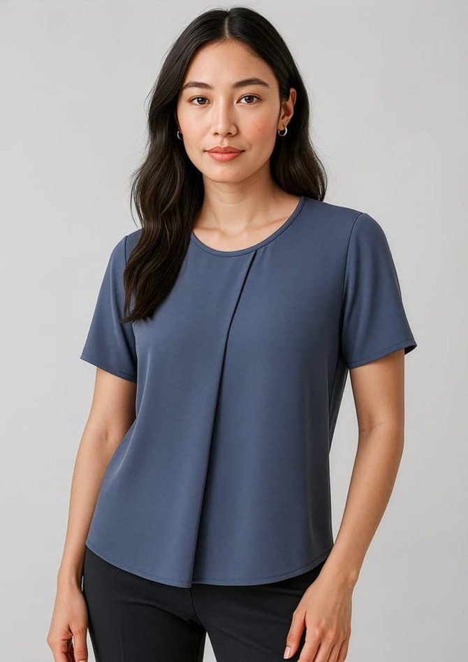 A short-sleeve women's T-shirt in navy blue with a pleat detail and a round neckline, featuring a logo.