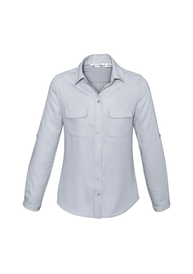 A light grey women's long sleeve button-up shirt with two chest pockets and roll-up sleeve tabs.