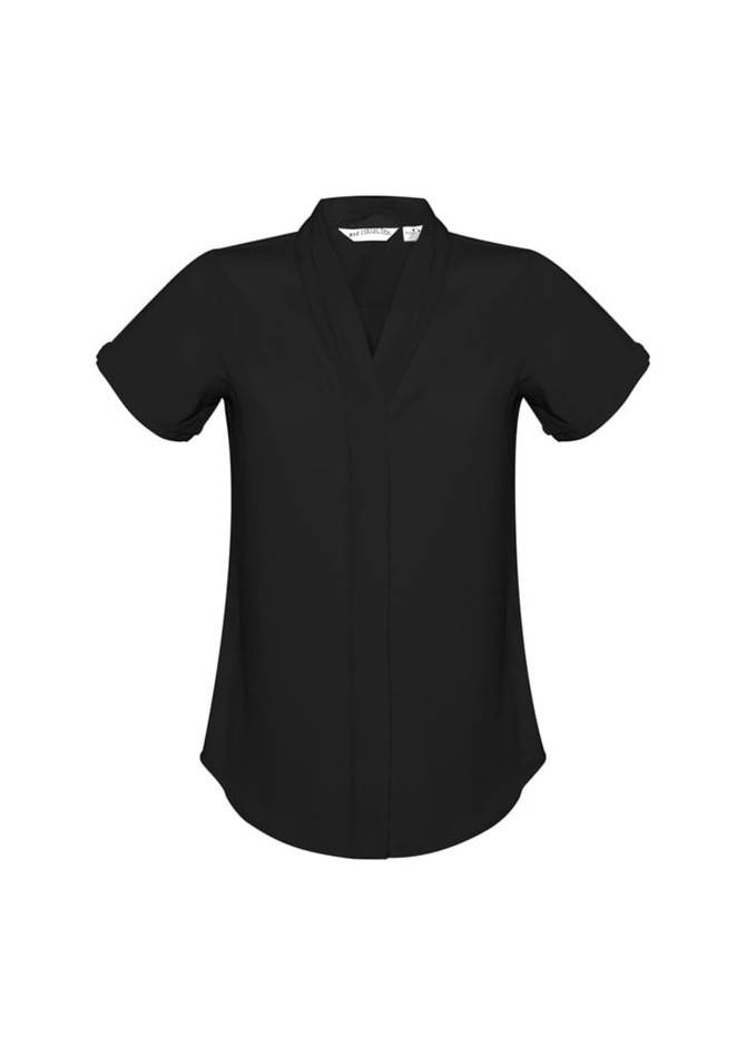 A black women's short sleeve button-up shirt with a v-neck and rolled sleeves, featuring a logo.