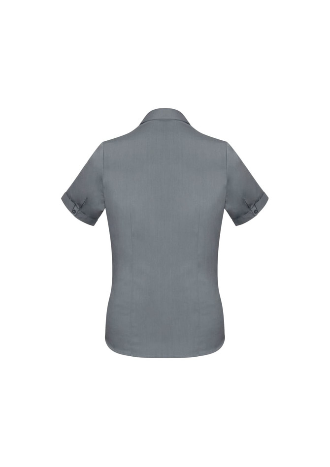 A short-sleeve button-up shirt in grey with rolled cuffs and a back view. Features a logo.