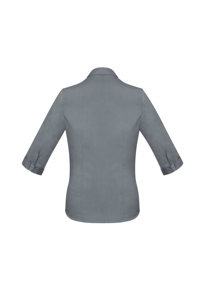 A grey women's button-up shirt with 3/4 sleeves and a collar, featuring a logo on the back.