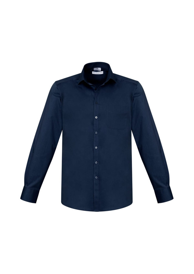 A navy long sleeve button-up shirt with a single chest pocket and a collar. It features a logo on the label.