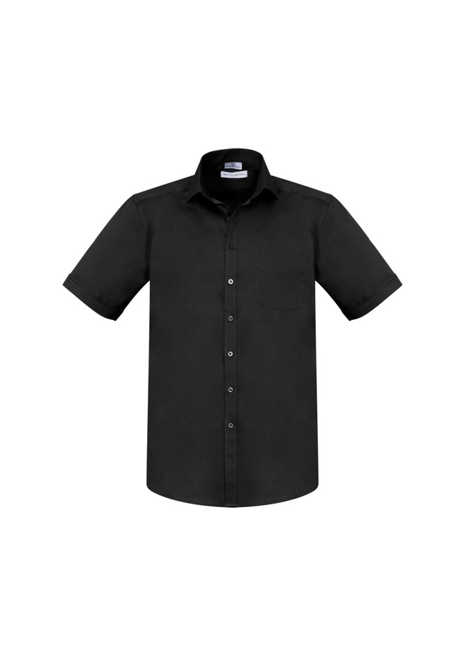 A short sleeve black button-up shirt with a front pocket and a branded label on the collar.