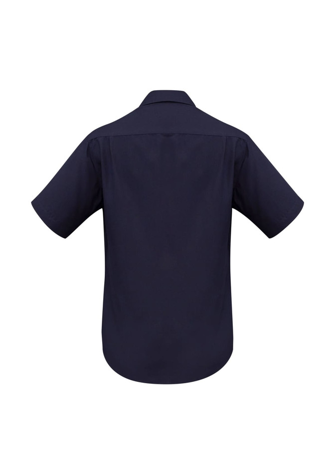 A navy short sleeve button-up shirt with a plain design and a logo on the back.