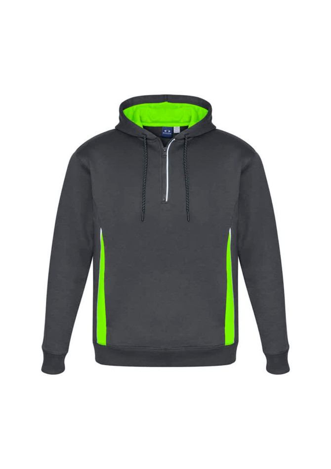 A grey unisex hoodie featuring bright lime green accents and a front zipper. It has a logo on the chest.