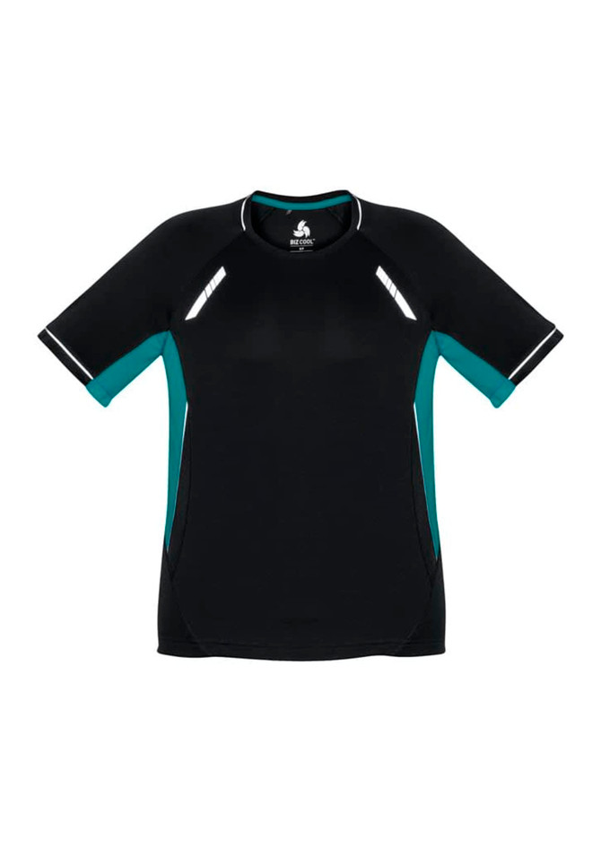 A short sleeve tee in black with teal accents and reflective detailing. It features a logo on the front.